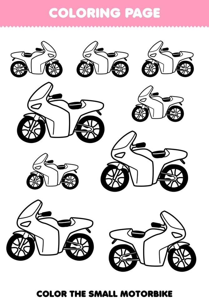 utbildningsspel för barn målarbok stor eller liten bild av söt tecknad motorcykeltransport linjekonst utskrivbart kalkylblad vektor