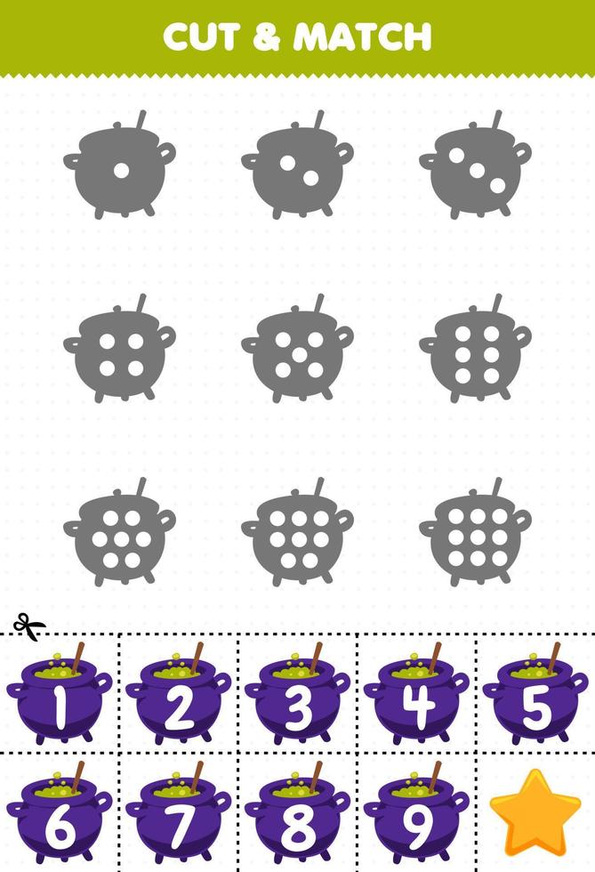 Lernspiel für Kinder, zählen Sie die Punkte auf jeder Silhouette und ordnen Sie sie dem druckbaren Arbeitsblatt für Hexenkessel mit der richtigen Nummer zu vektor