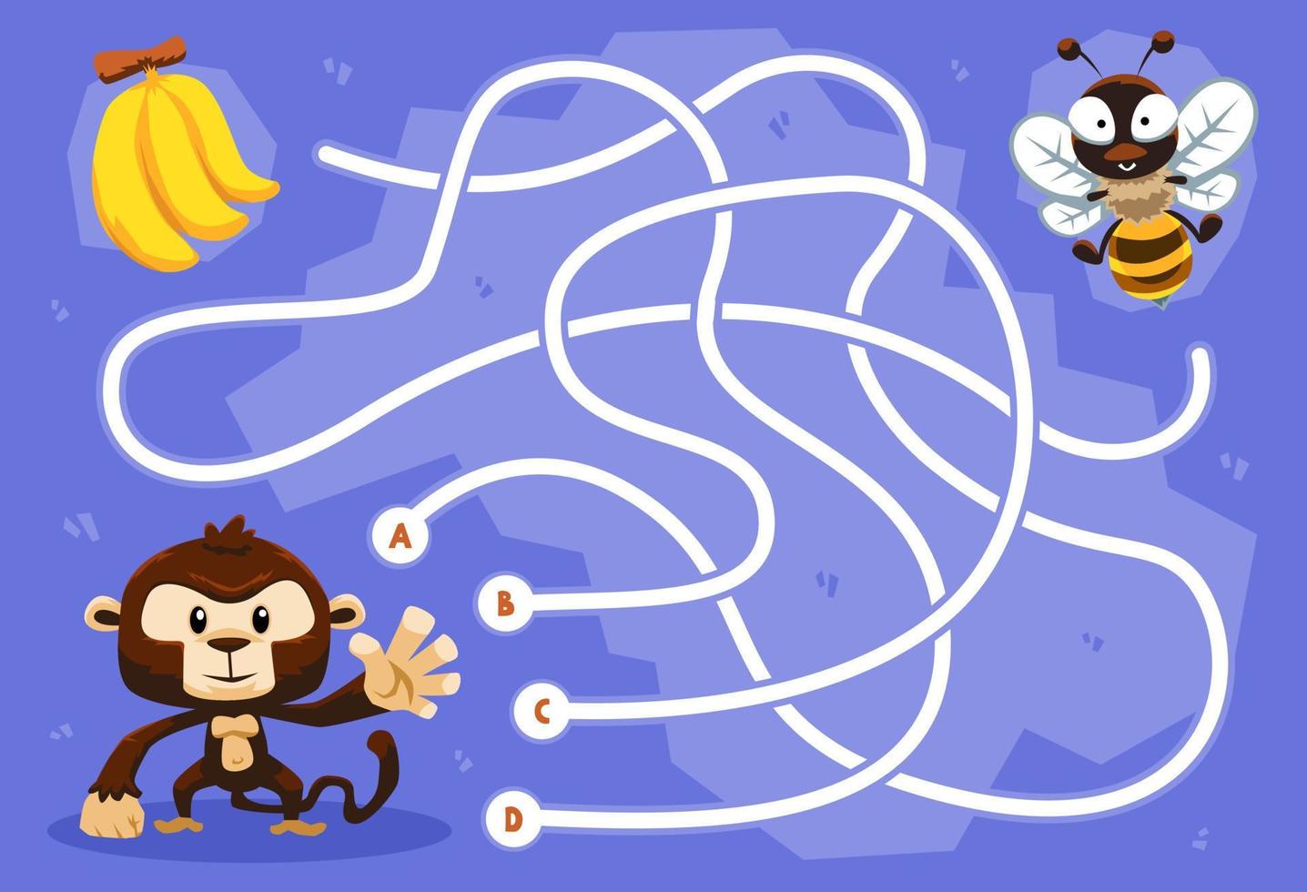 Labyrinth-Puzzle-Spiel für Kinder mit niedlichem Cartoon-Tier, Affe, Biene und Banane zum Ausdrucken vektor