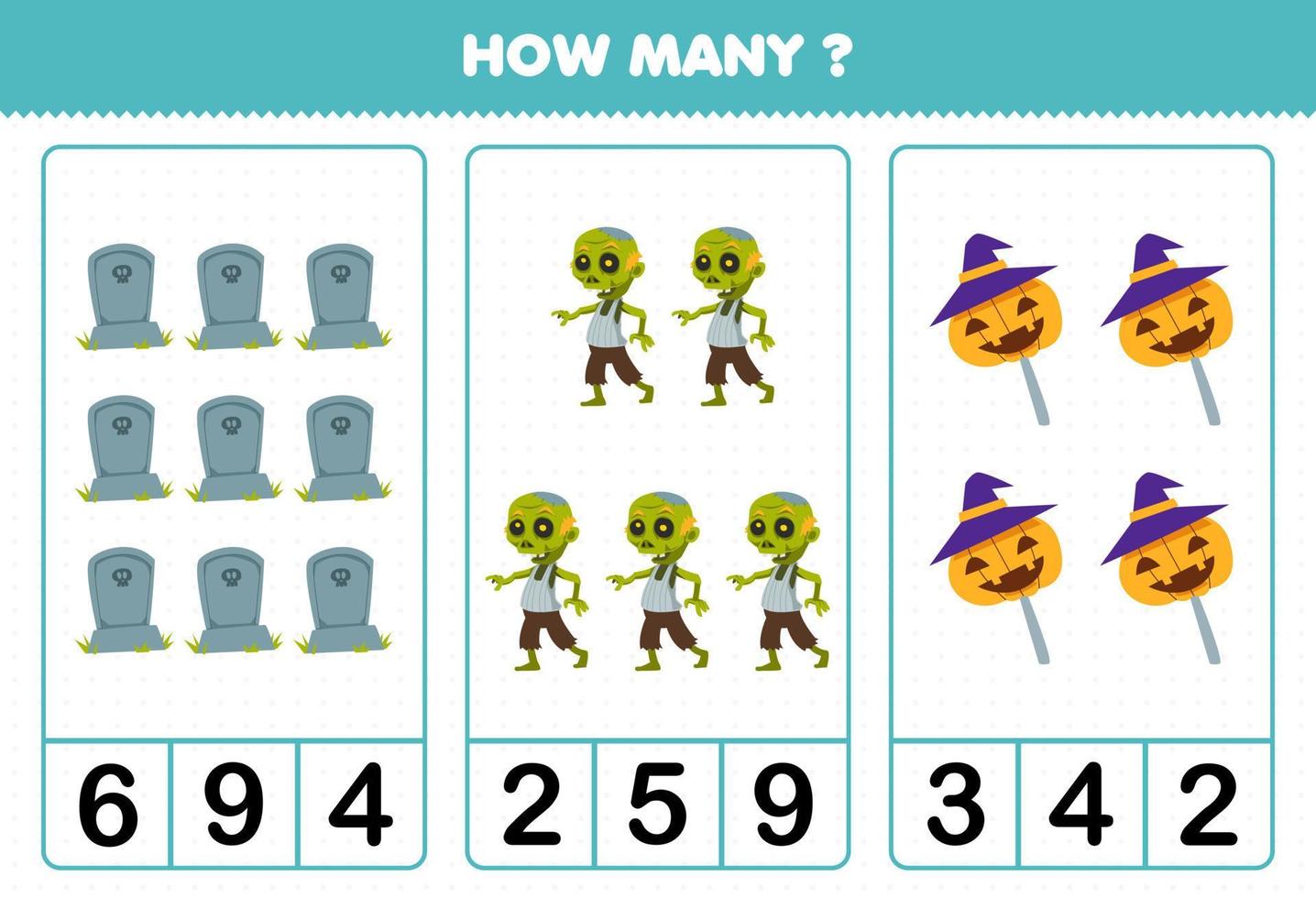 Bildungsspiel für Kinder, die zählen, wie viele niedliche Cartoon-Grabstein-Zombie- und Süßigkeiten-Halloween-Arbeitsblätter zum Ausdrucken sind vektor
