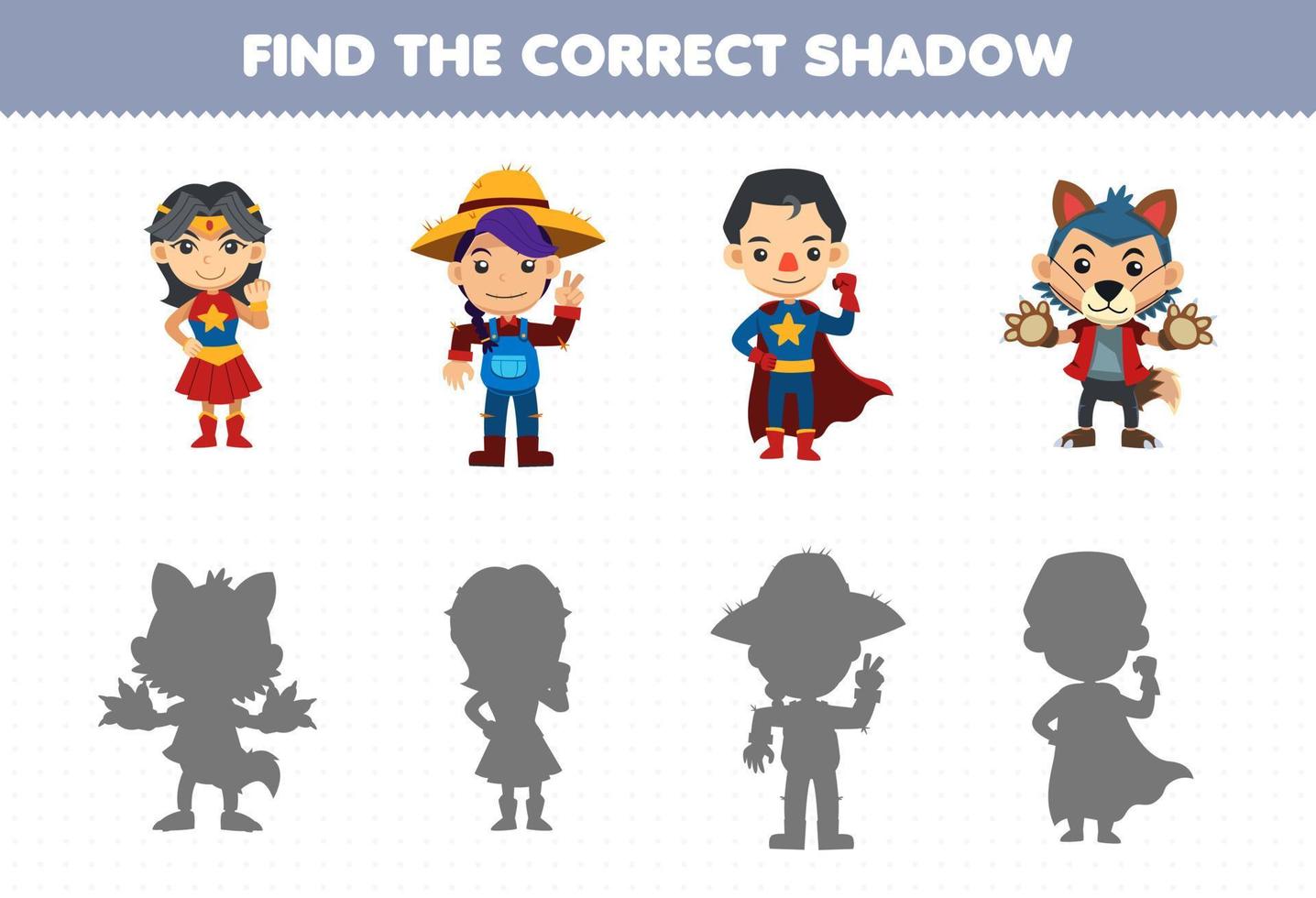Bildungsspiel für Kinder Finden Sie das richtige Schattenset aus niedlichem Cartoon-Helden-Kostüm für Jungen und Mädchen zum Ausdrucken für Halloween vektor