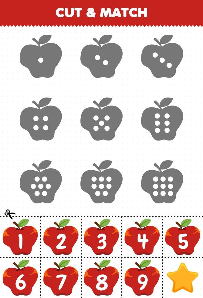 pedagogiskt spel för barn räkna prickarna på varje siluett och matcha dem med rätt numrerade äppelfrukter utskrivbart arbetsblad vektor