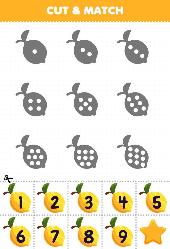 pedagogiskt spel för barn räkna prickarna på varje siluett och matcha dem med rätt numrerade citronfrukter utskrivbara arbetsblad vektor