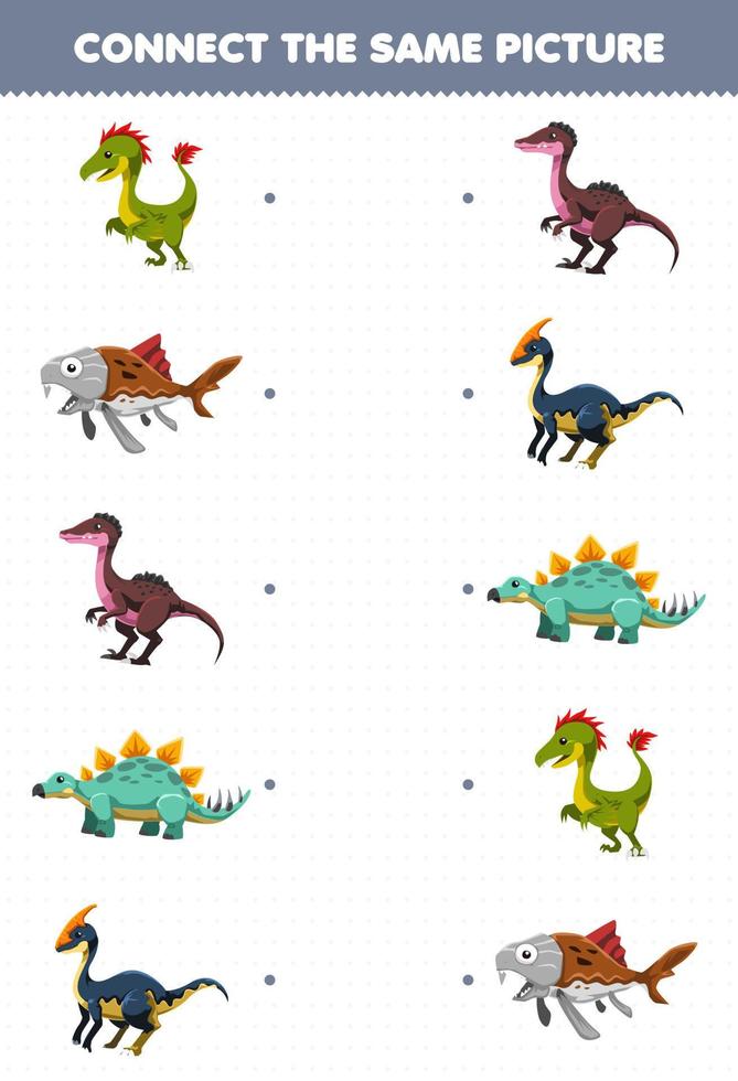 utbildning spel för barn ansluta samma bild av söt tecknad förhistorisk dinosaurie utskrivbara kalkylblad vektor