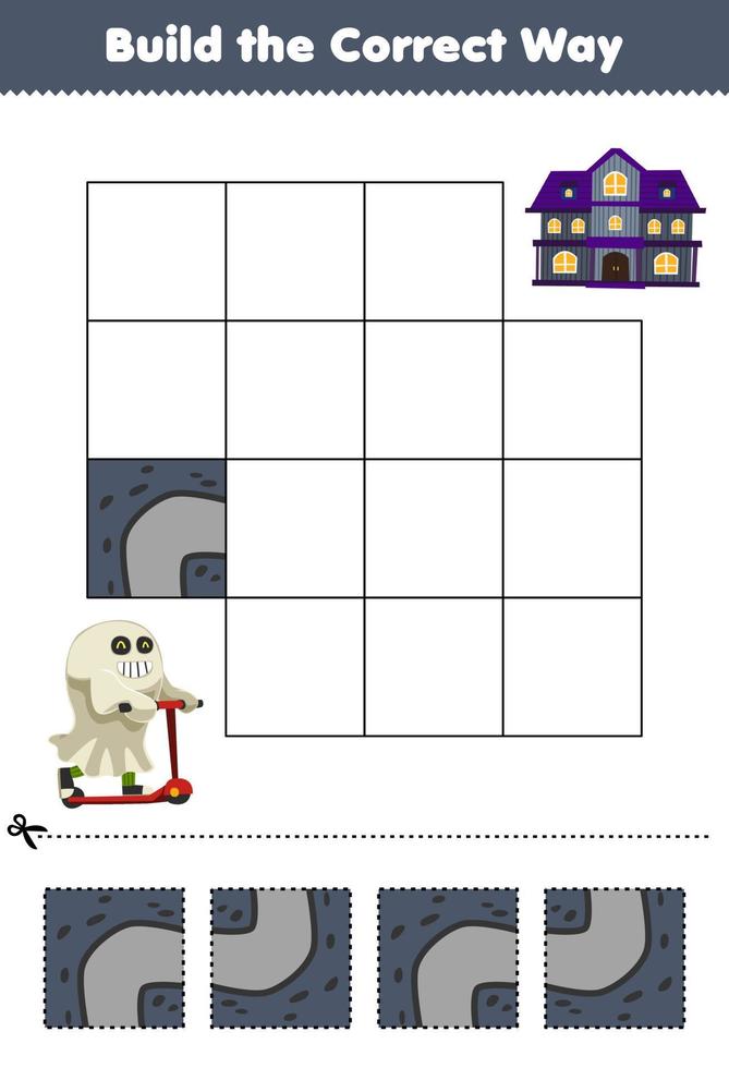 Bildungsspiel für Kinder Bauen Sie den richtigen Weg, helfen Sie dem niedlichen Cartoon-Geisterkostüm, in das gruselige Haus zu wechseln. Halloween-Arbeitsblatt zum Ausdrucken vektor