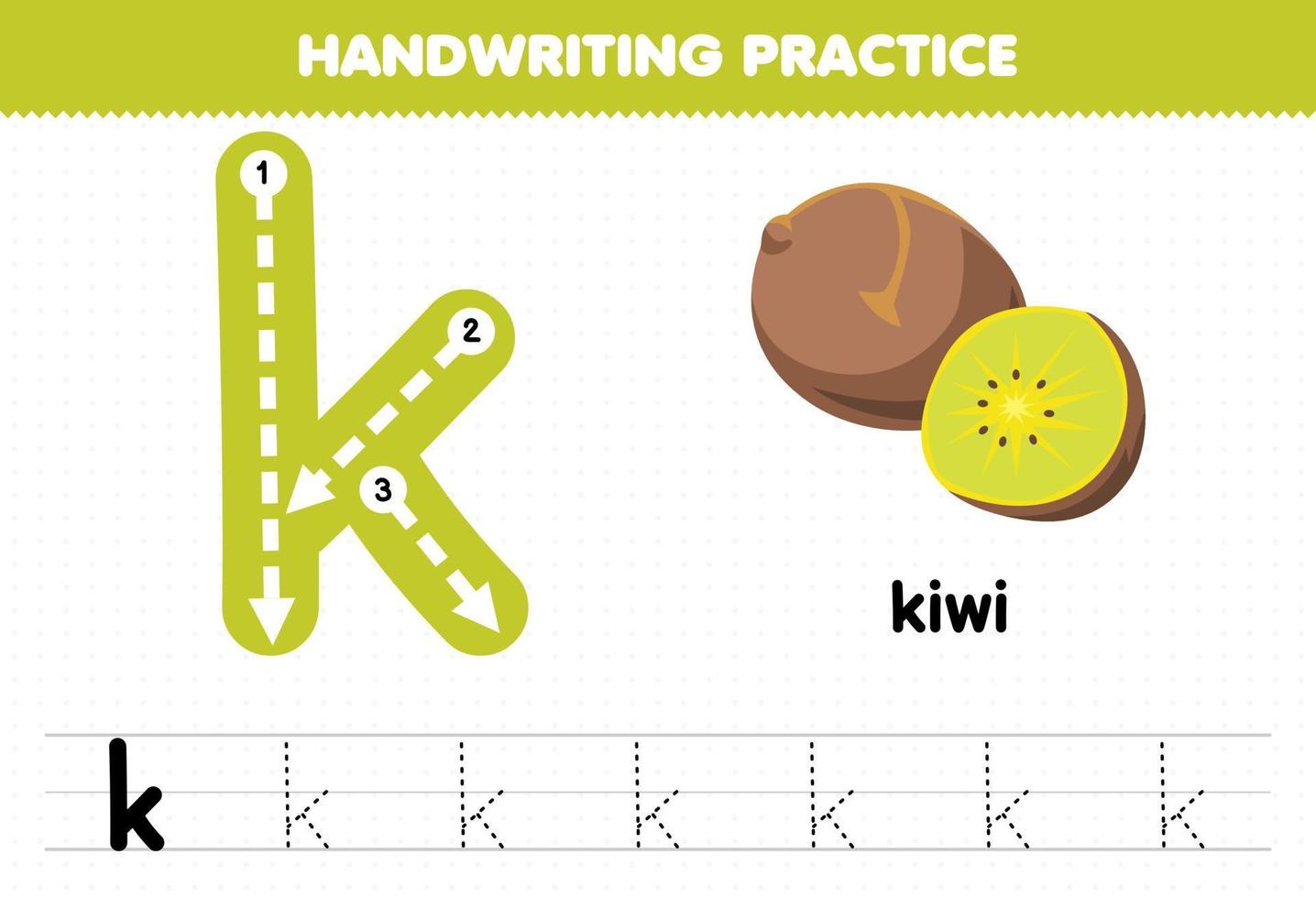 utbildningsspel för barn handskriftsövning med små bokstäver k för kiwi utskrivbart kalkylblad vektor