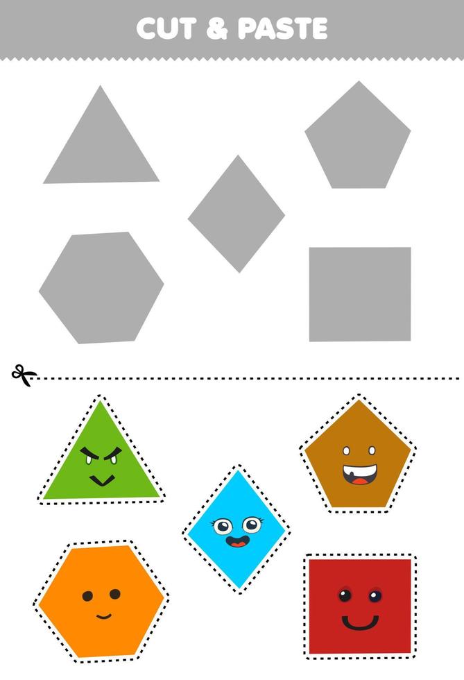 Lernspiel für Kinder Ausschneiden und Einfügen von niedlichen Cartoon geometrischen Formen Dreieck Raute Fünfeck Sechseck Quadrat zum richtigen Teil druckbares Arbeitsblatt vektor