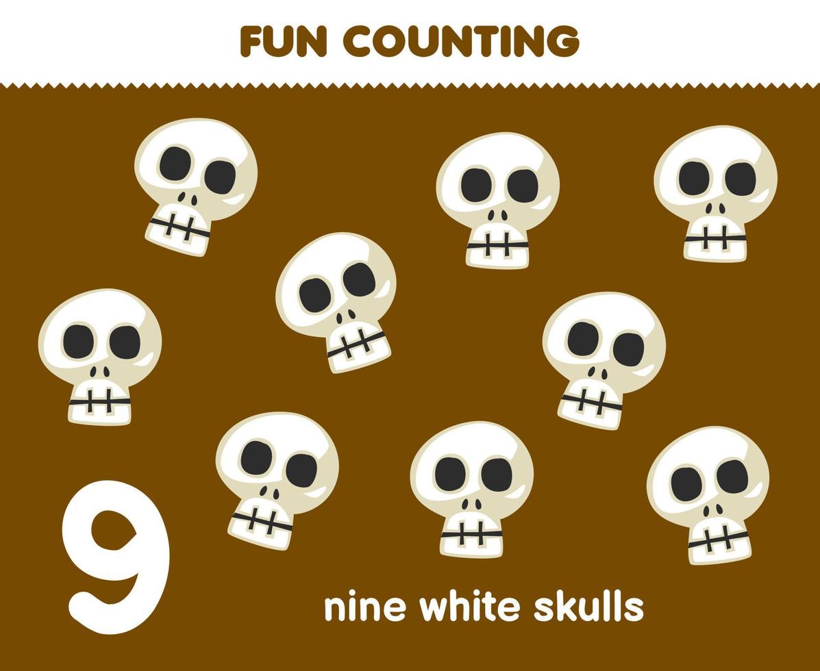 Bildungsspiel für Kinder Spaß beim Zählen von neun weißen Schädeln Halloween-Arbeitsblatt vektor