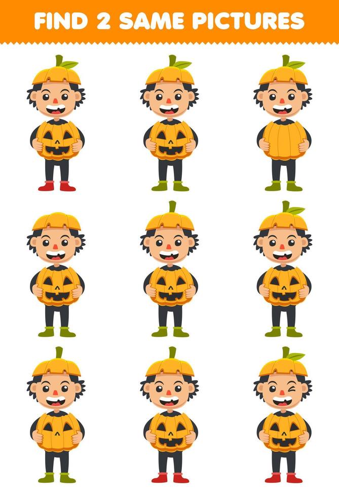 Lernspiel für Kinder Finden Sie zwei gleiche Bilder von niedlichen Cartoon-Kürbis-Jungen-Kostüm-Halloween-Arbeitsblatt zum Ausdrucken vektor