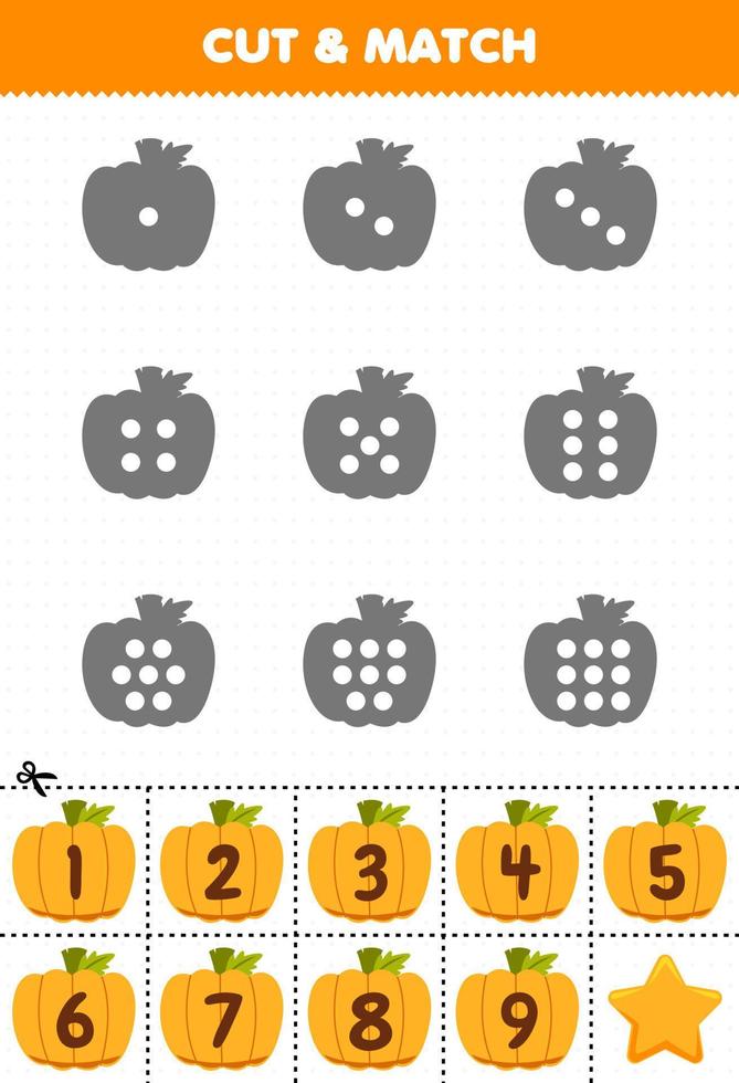 pedagogiskt spel för barn räkna prickarna på varje siluett och matcha dem med rätt numrerad orange pumpa halloween utskrivbara kalkylblad vektor