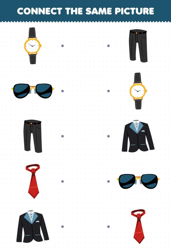 utbildning spel för barn koppla samma bild av tecknade bärbara kläder smoking kostym byx slips klocka solglasögon utskrivbart arbetsblad vektor