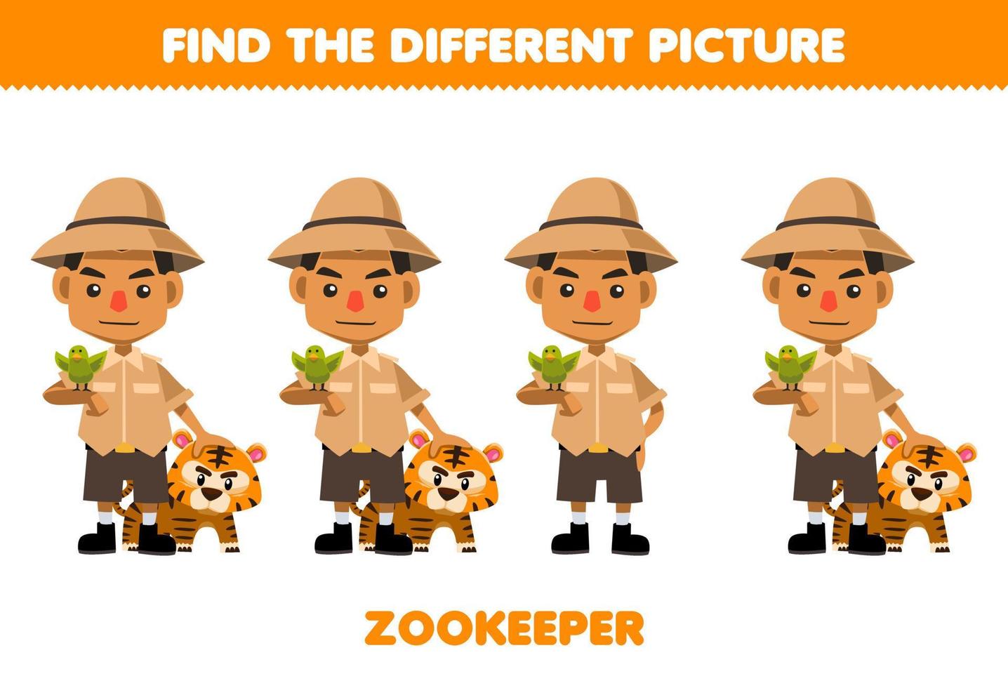 Bildungsspiel für Kinder Finden Sie das unterschiedliche Bild des druckbaren Arbeitsblatts für den Beruf des niedlichen Cartoon-Zoowärters vektor