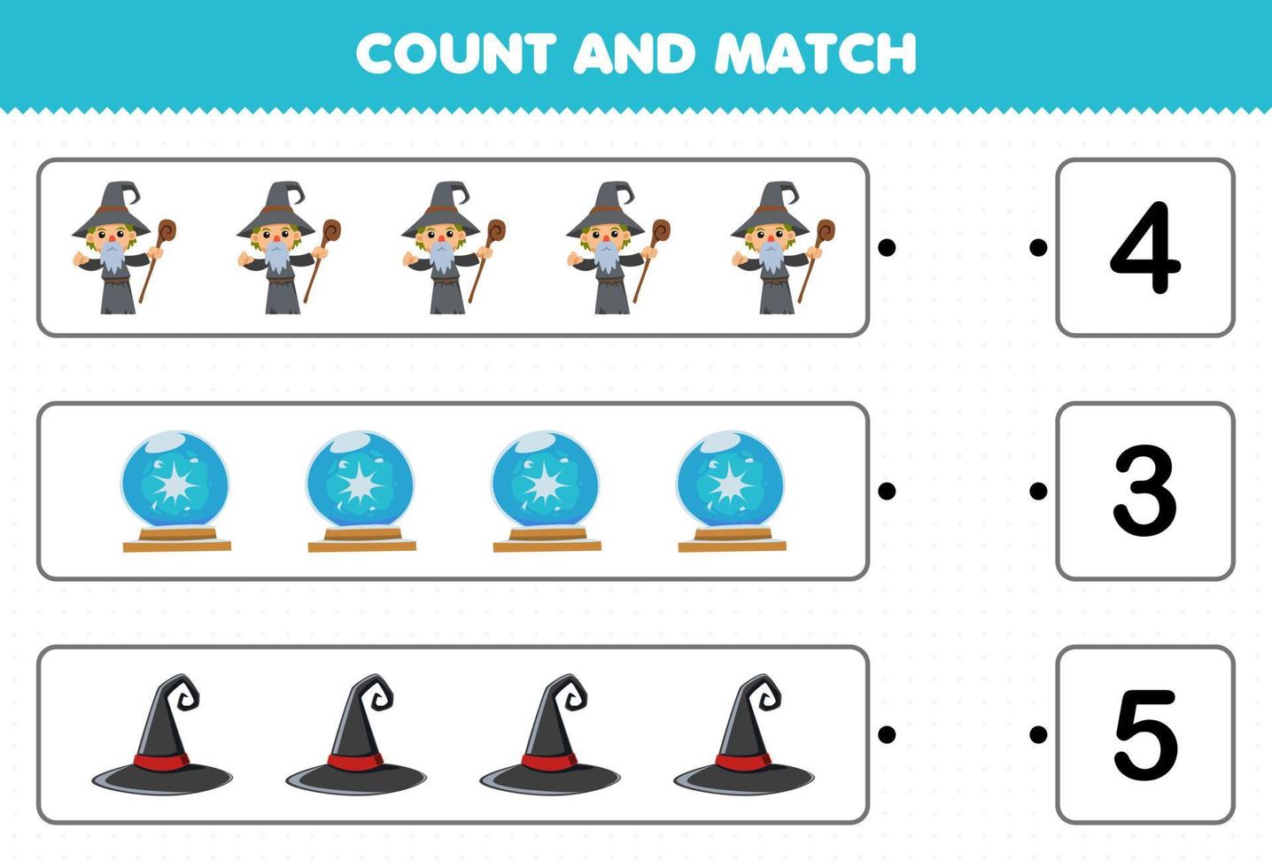 utbildningsspel för barn räkna antalet söta tecknade hatt magic orb guide kostym och matcha med rätt siffror halloween utskrivbart kalkylblad vektor