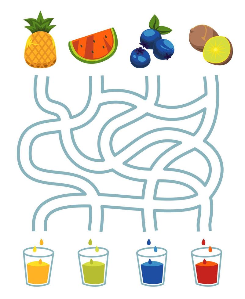 labyrint pusselspel för barn par söt tecknad frukt ananas vattenmelon blåbär kiwi med samma juice färg utskrivbart kalkylblad vektor