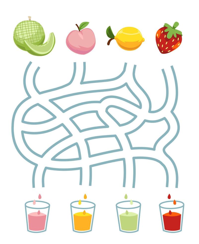 labyrintpusselspel för barn koppla ihop söt tecknad fruktmelon persika citron jordgubbe med samma juicefärg utskrivbara arbetsblad vektor