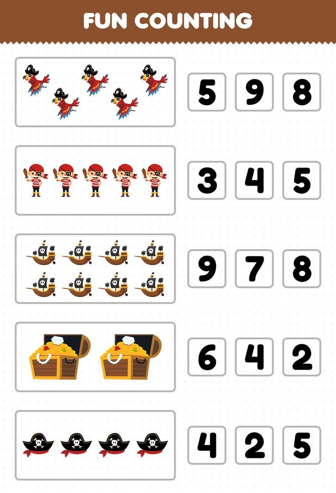 Bildungsspiel für Kinder Spaß beim Zählen und Auswählen der richtigen Anzahl von niedlichen Cartoon-Papagei-Schatztruhe-Hut-Schiffs-Piratenjungen-Kostüm-Halloween-Arbeitsblatt zum Ausdrucken vektor