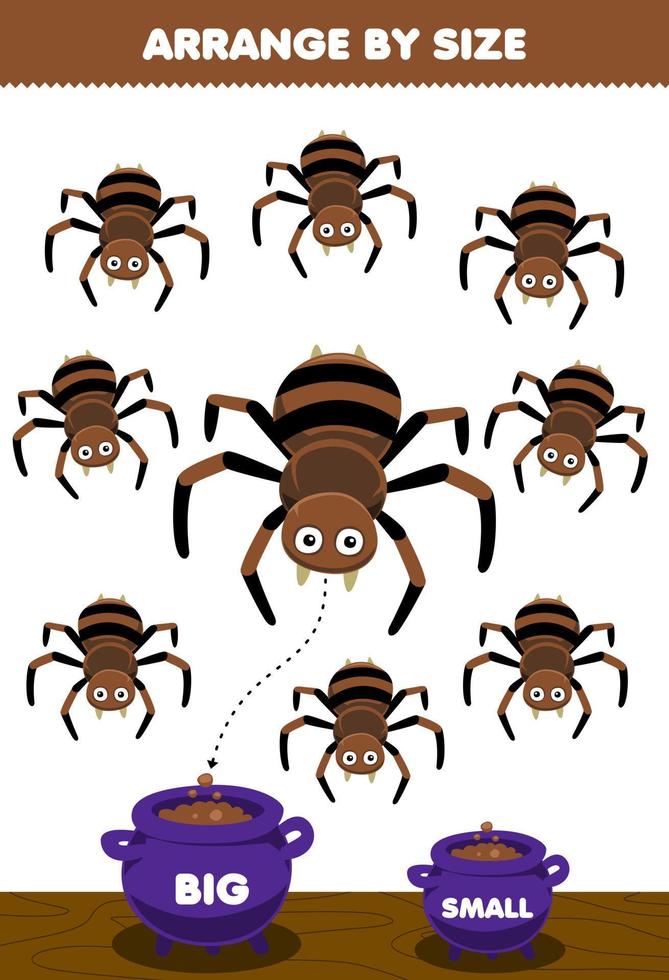 Lernspiel für Kinder Ordnen Sie nach Größe, ob groß oder klein, legen Sie es in den Kessel des druckbaren Arbeitsblatts für Halloween mit niedlichen Cartoon-braunen Spinnen vektor