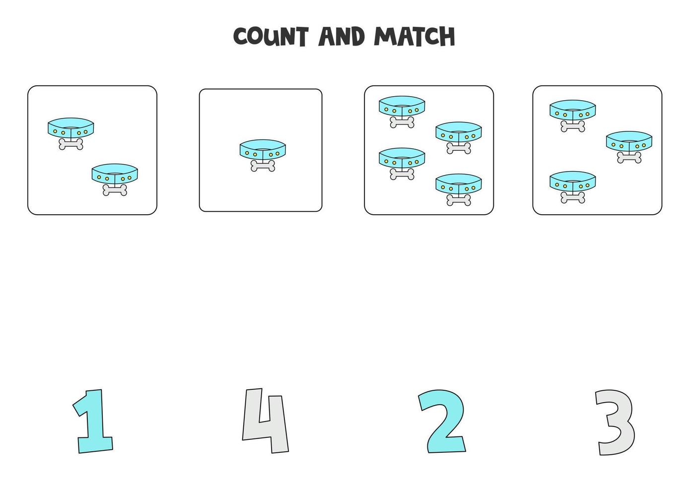 Zählspiel für Kinder. Zähle alle Hundehalsbänder und vergleiche sie mit Zahlen. Arbeitsblatt für Kinder. vektor