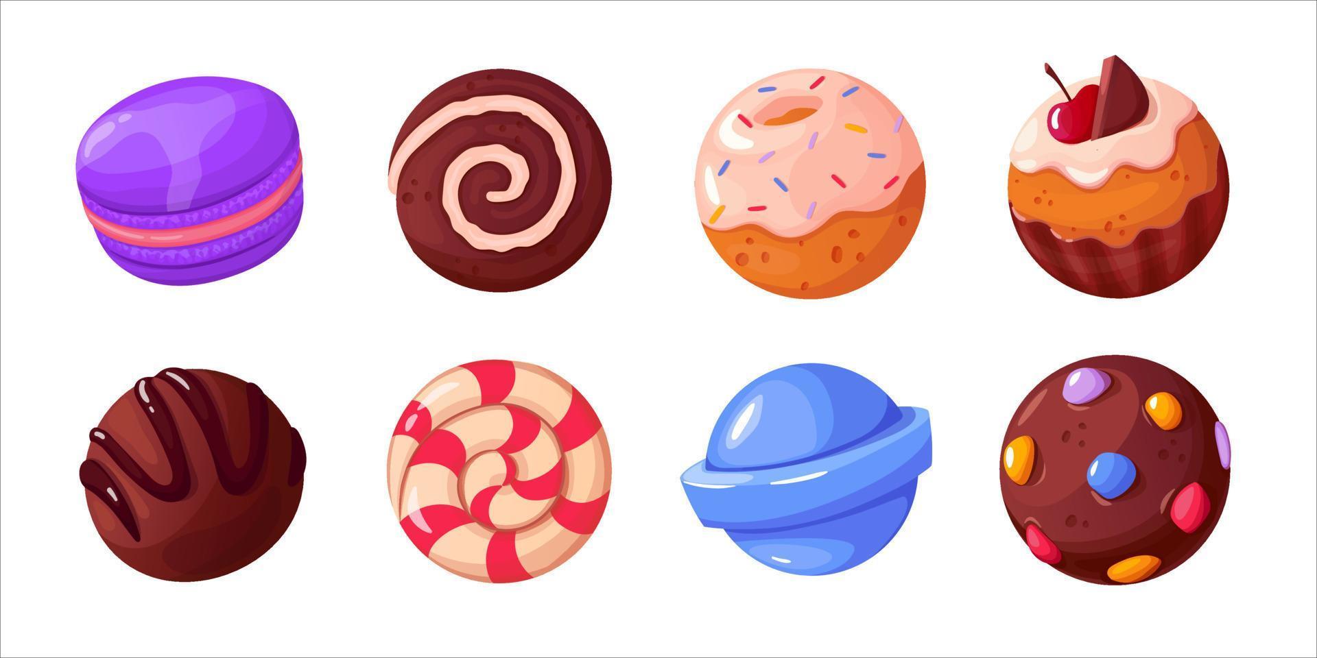 godis och kakor spel ikoner tecknad vektor set. användargränssnittselement