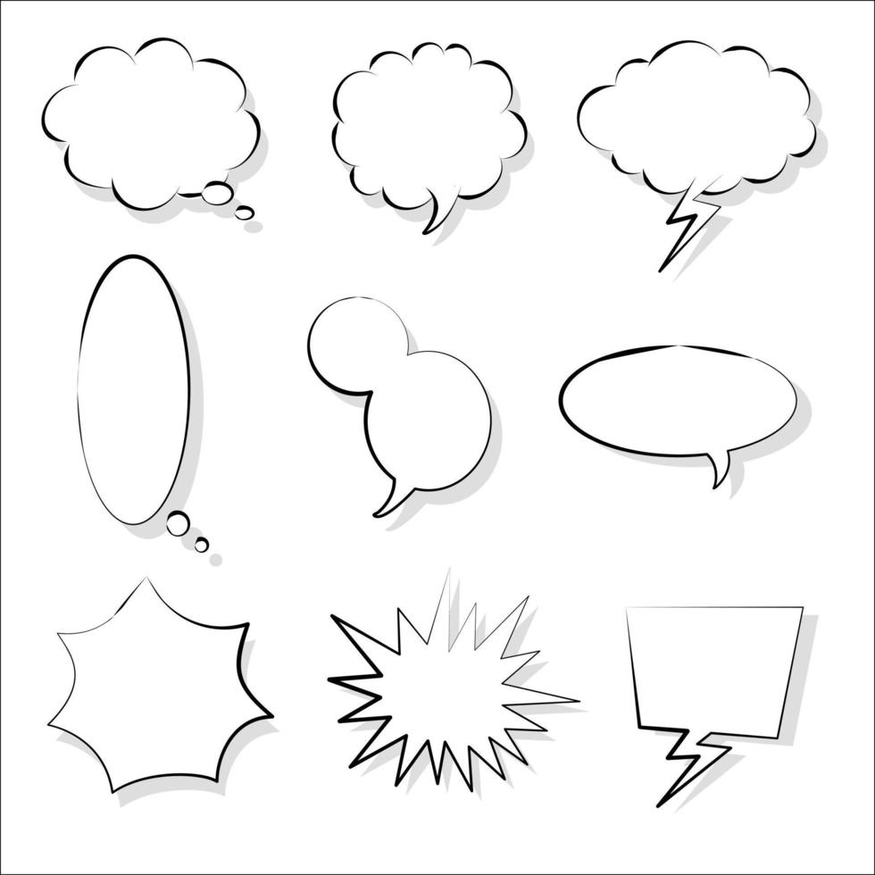 Sammlungssatz von leeren schwarz-weißen Handzeichnungs-Sprechblasenballons, denken, sprechen, sprechen, Textfeld, Banner, flaches Vektorillustrationsdesign vektor
