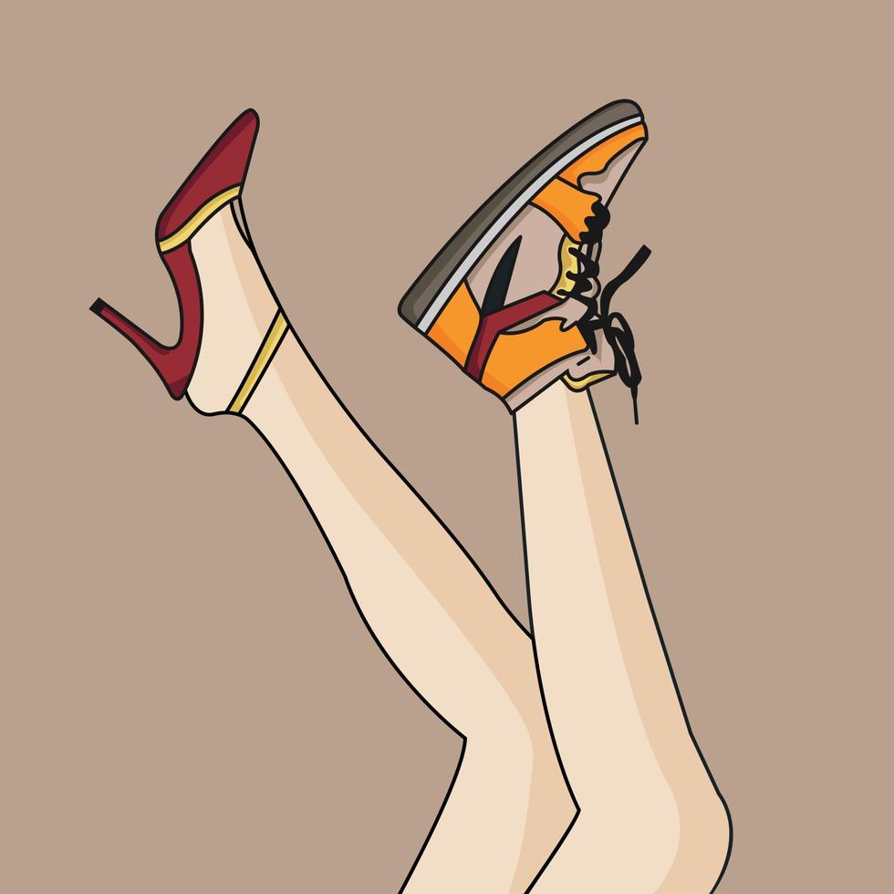 Vektordesign eines Paares weiblicher Füße, die verschiedene Schuhe, Turnschuhe und High Heels tragen vektor