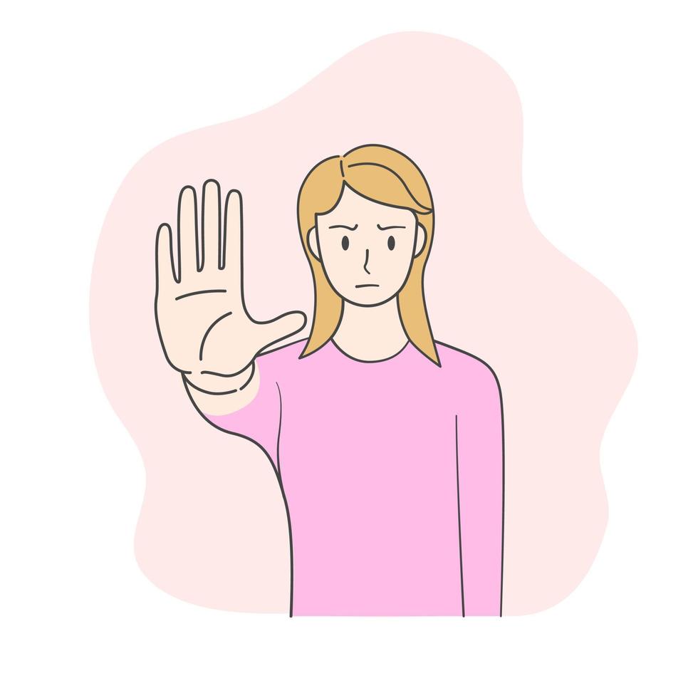 stopp, avslag, kvinnan står och visar förbjudande tecken på handflatorna vektor