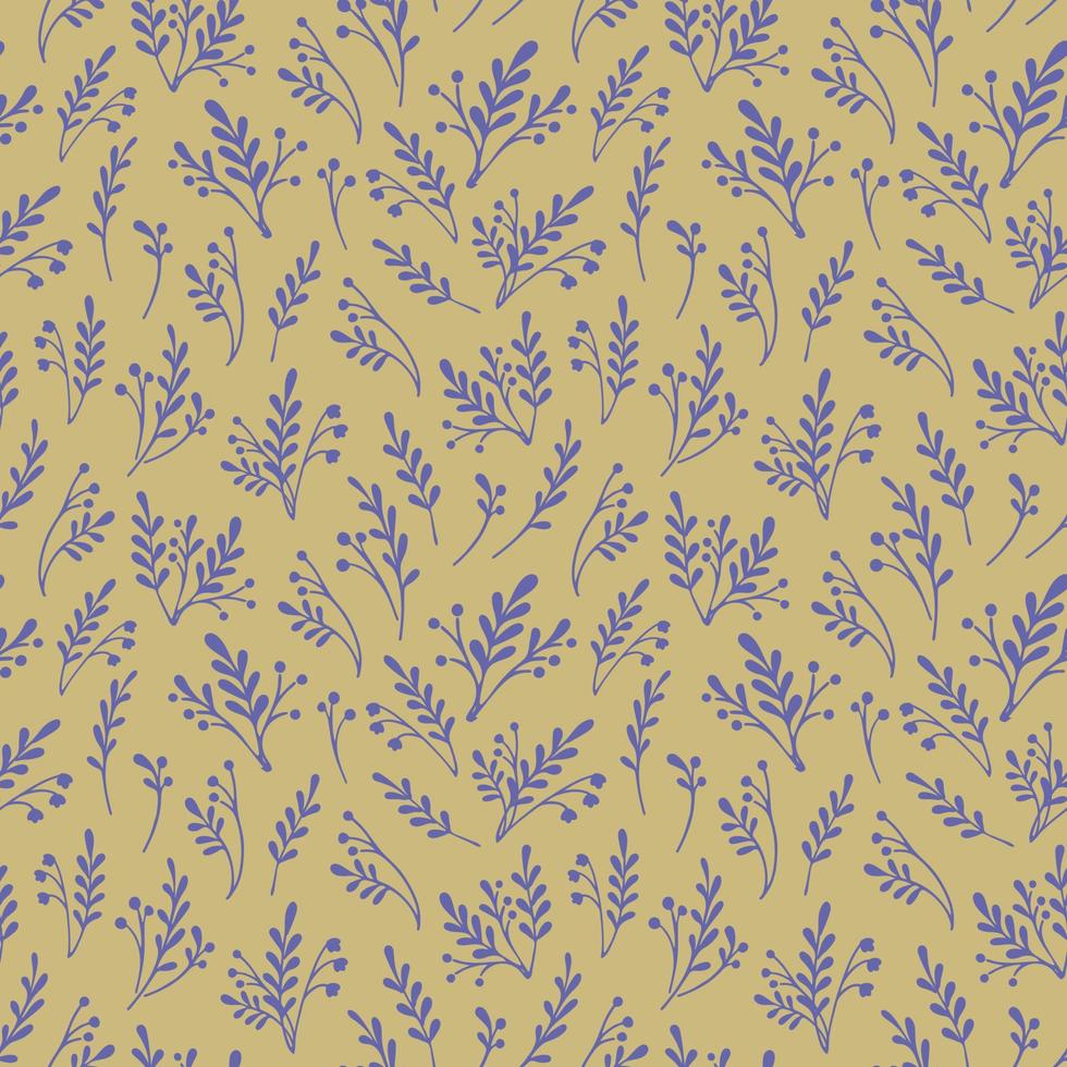 vektor seamless mönster med örter och blommor silhuetter. botanisk retro bakgrund i gula och lila färger. handritad vektorillustration för papper, tyg, design.