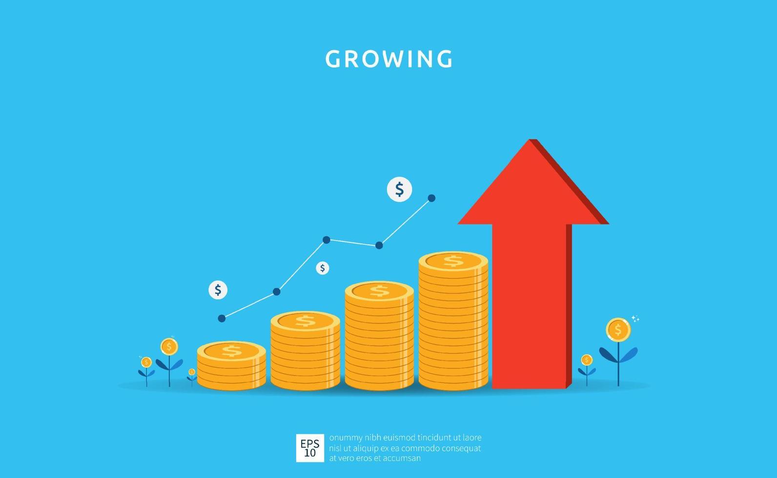 printbusiness tillväxt illustration för smart investeringskoncept. vinst prestanda eller inkomst med hög mynt symbol och pil. avkastning på investeringen vektor