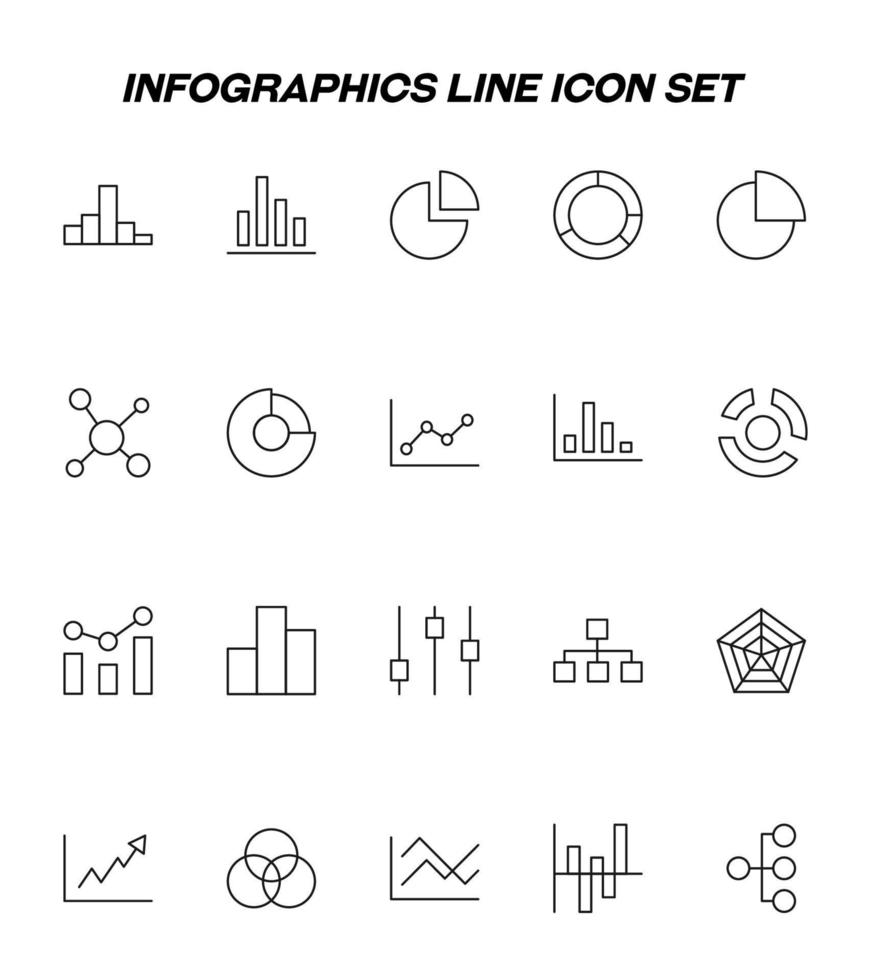 tecken, grafik, infografik, diagram för företag. utvecklingskoncept. vektor linje ikonuppsättning med olika framsteg linjer och diagram