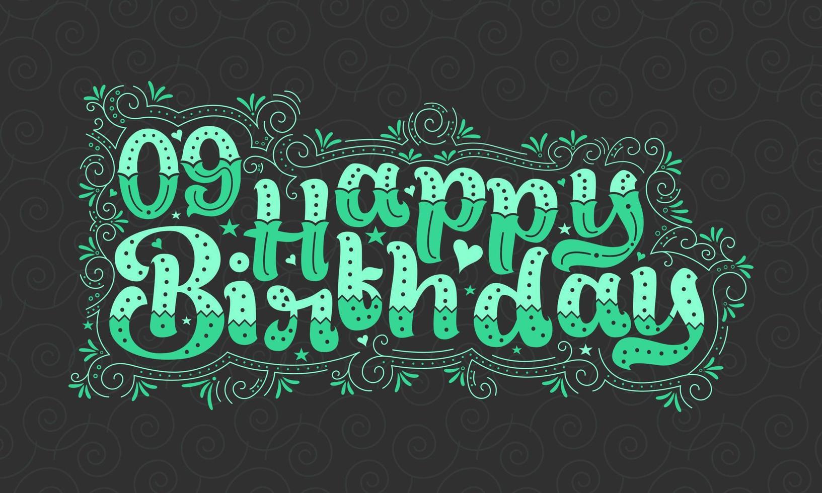 9:e grattis på födelsedagen bokstäver, 9 års födelsedag vacker typografidesign med gröna prickar, linjer och löv. vektor