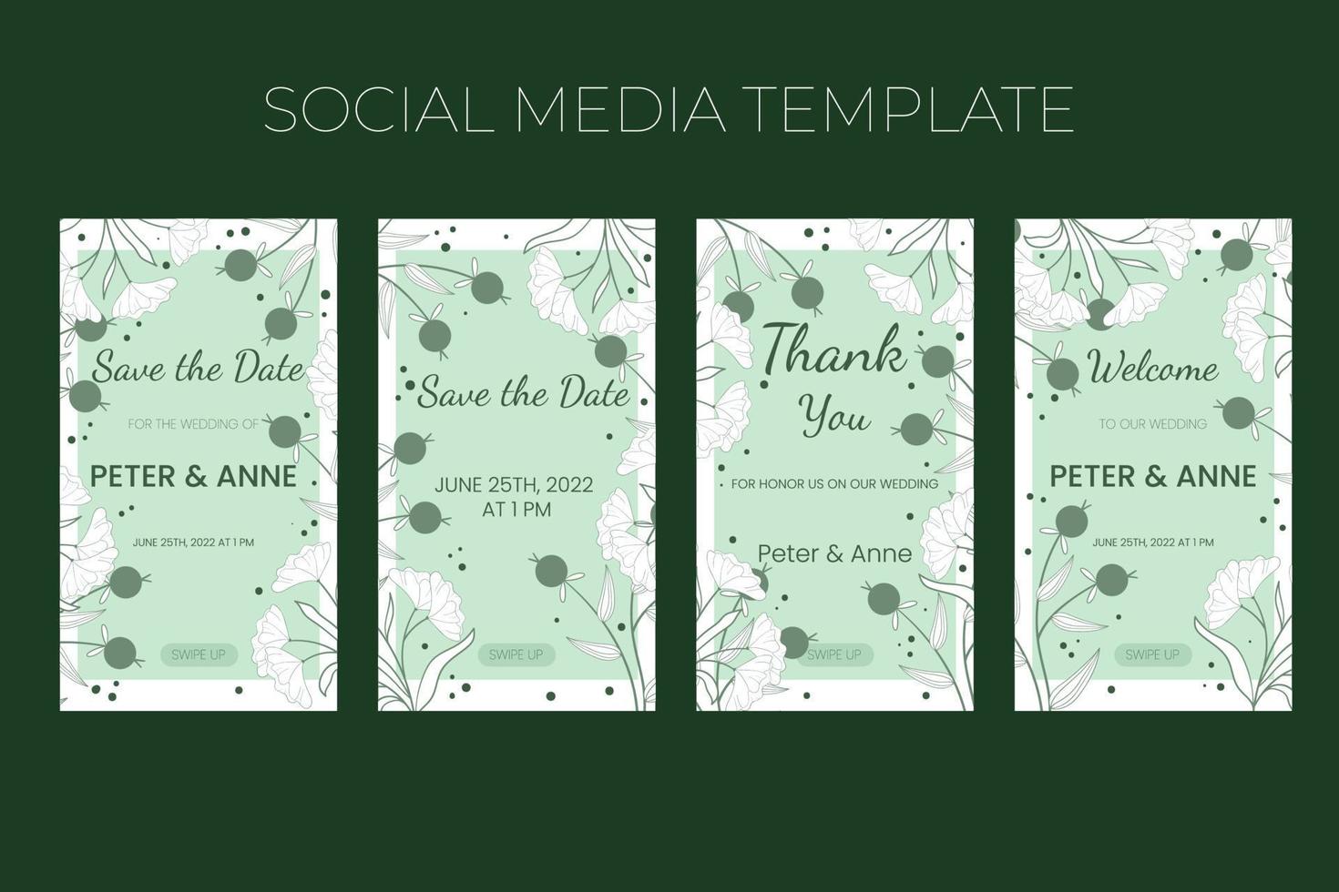 blommig bröllop vertikal sociala medier mall i handritad doodle stil, inbjudningskort design med linje blommor och blad, prickar och bär. vektor dekorativ ram på vit och grön bakgrund.