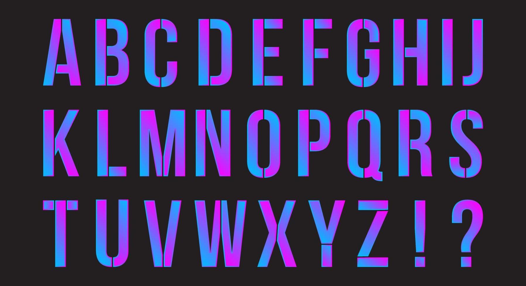 minimalistisk urban digital neon alfabet. gradient stencil engelska bokstäver isolerad på svart bakgrund vektor