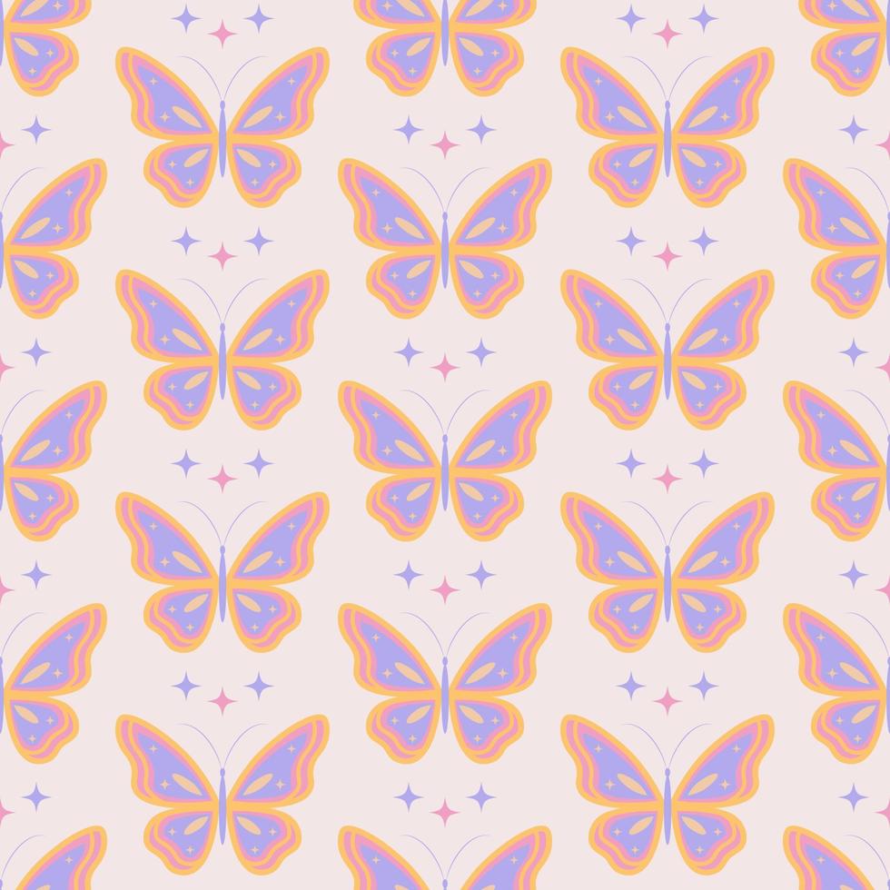 sömlöst groovy mönster med retro fjärilar och gnistrar. retro 70-talet 60-talet hippie vektorillustration på en beige bakgrund vektor