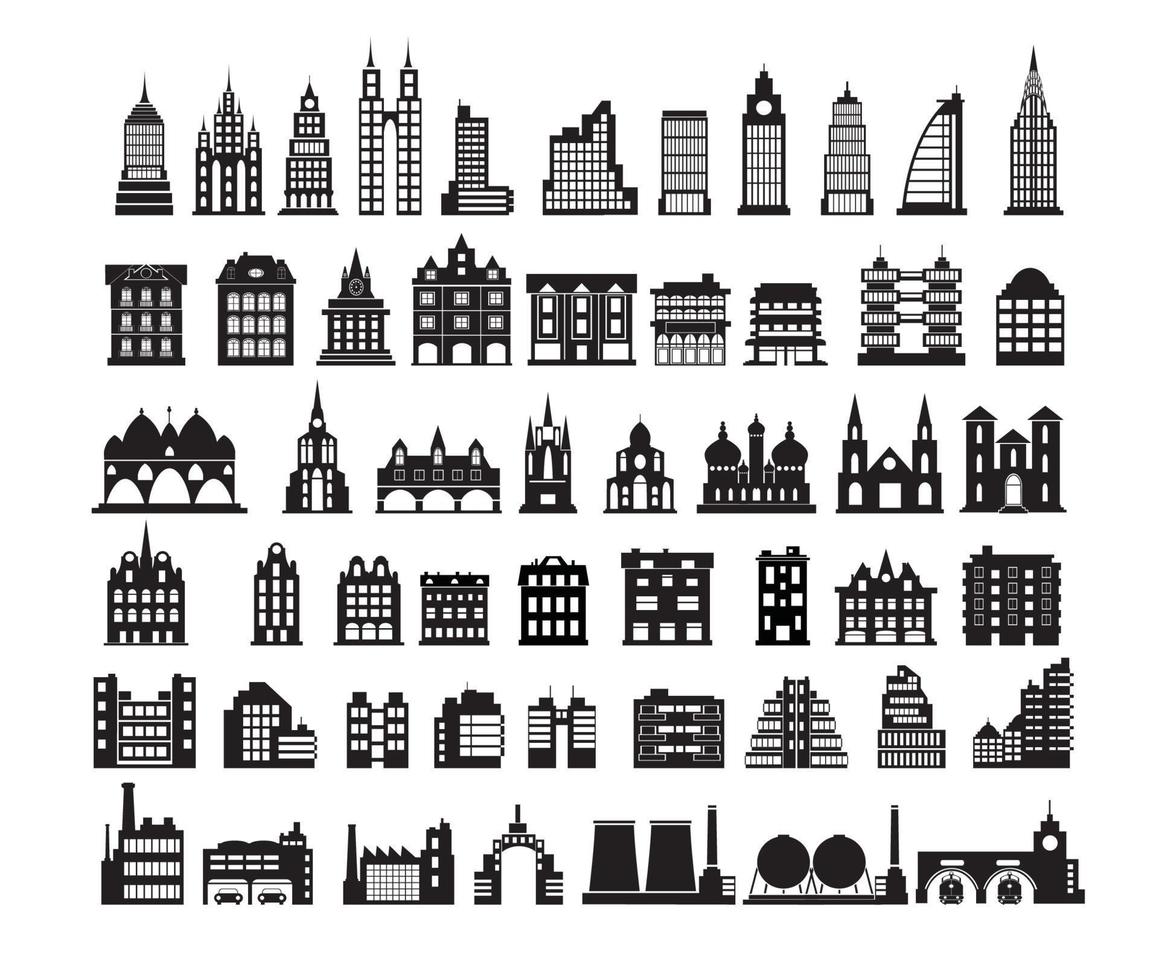 silhuetter av hus i svart färg stadslandskap av en byggnad, hus, butiker, byggnader vektor