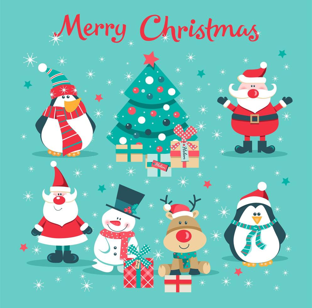 julkort med santa, träd, pingvin, rådjur och snögubbe vektor