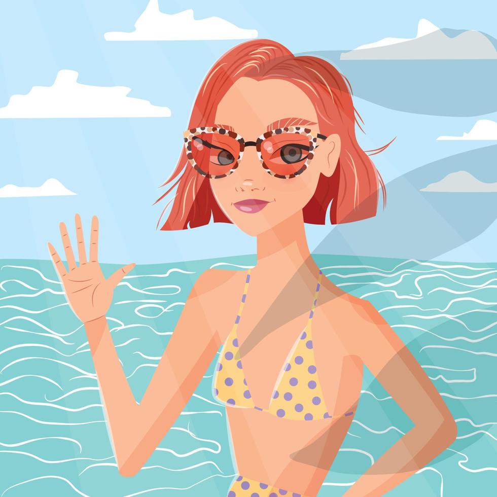 vacker ung kvinna med kort rött hår, solglasögon och i baddräkt som viftar framför havet och klarblå himmel. färgglada vektorillustration. vektor