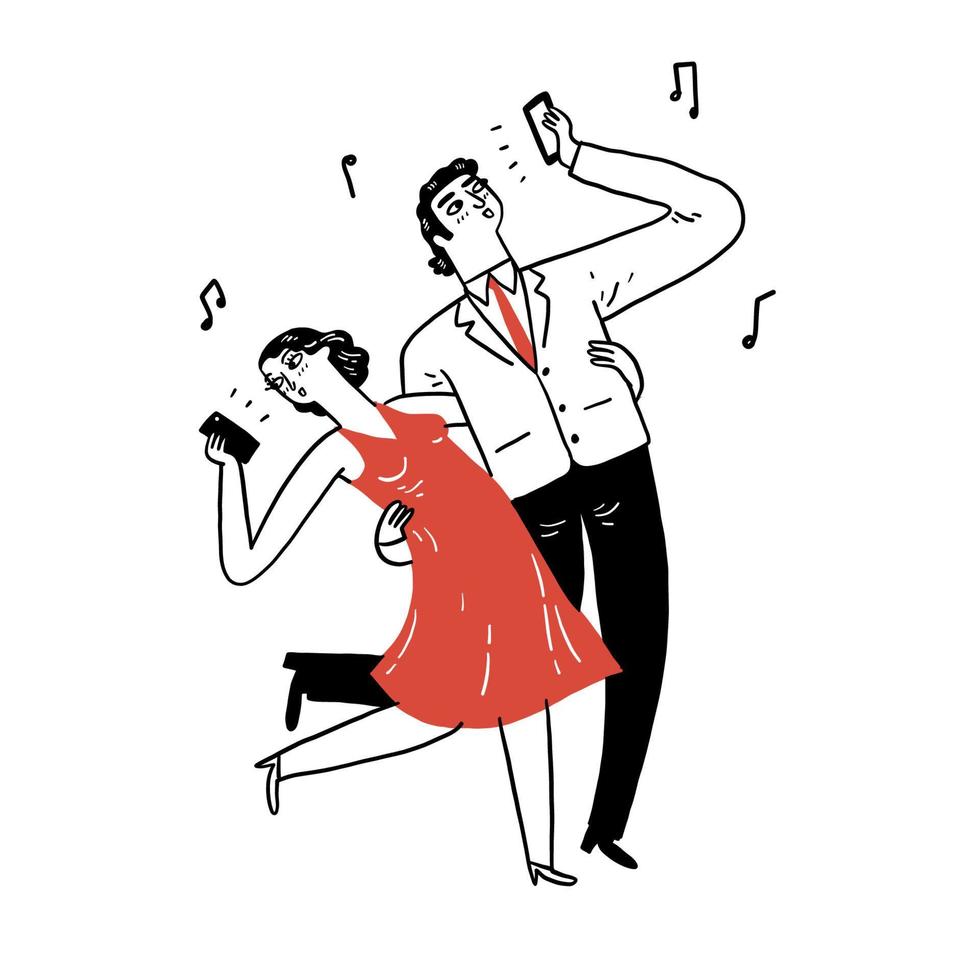 Aufgeregtes junges Dating-Paar, das Spaß beim Tanzen mit Liedern hat, mit Smartphones vektor