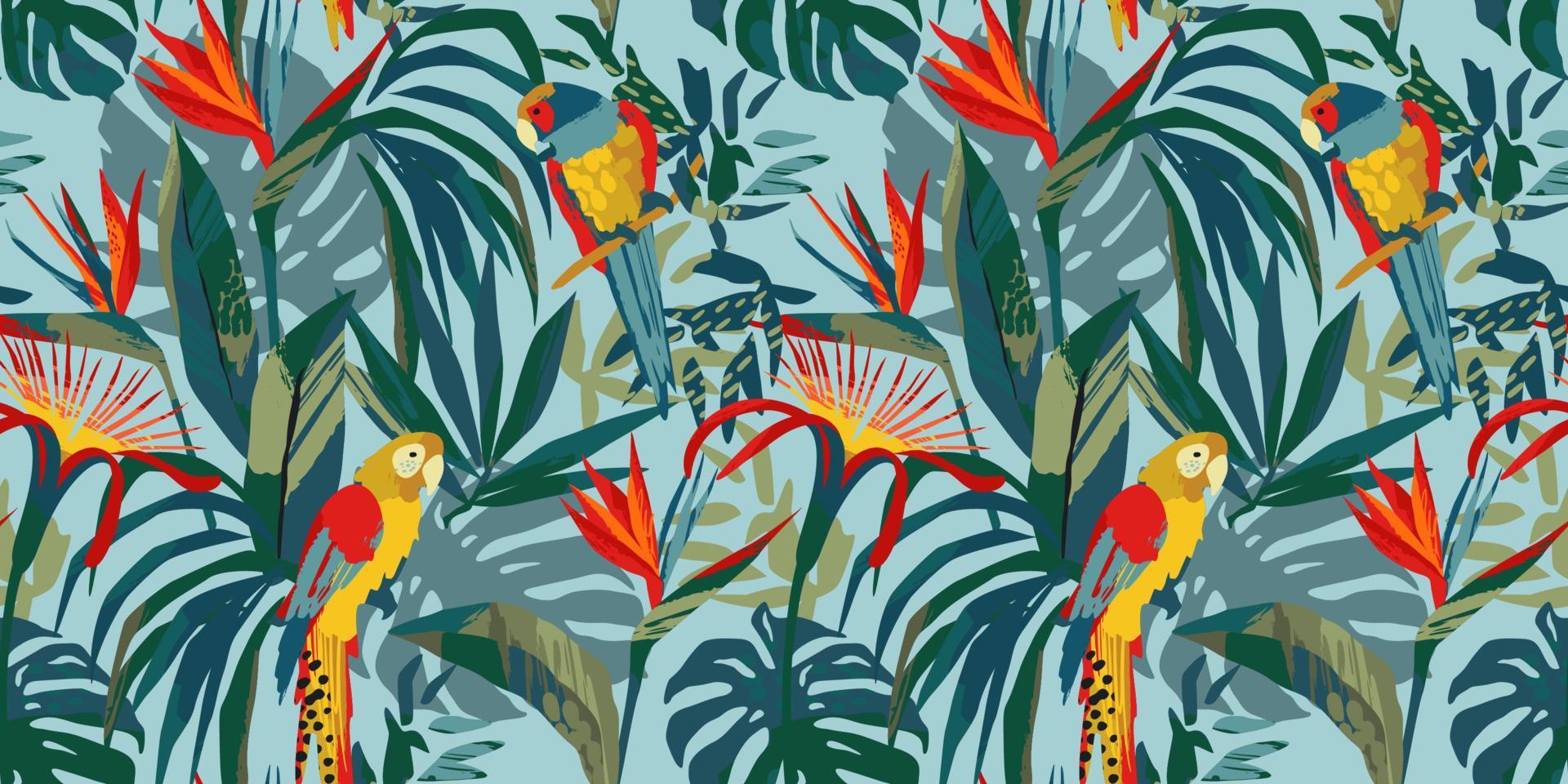 abstrakt konst seamless mönster med papegojor och tropiska växter. modern exotisk design för papper, omslag, tyg, inredning och andra användare. vektor