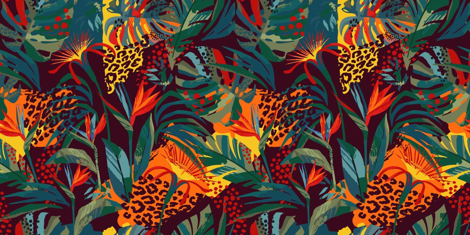 abstrakt konst seamless mönster med tropiska blad och blommor. modern exotisk design för papper, omslag, tyg, inredning och andra användare. vektor