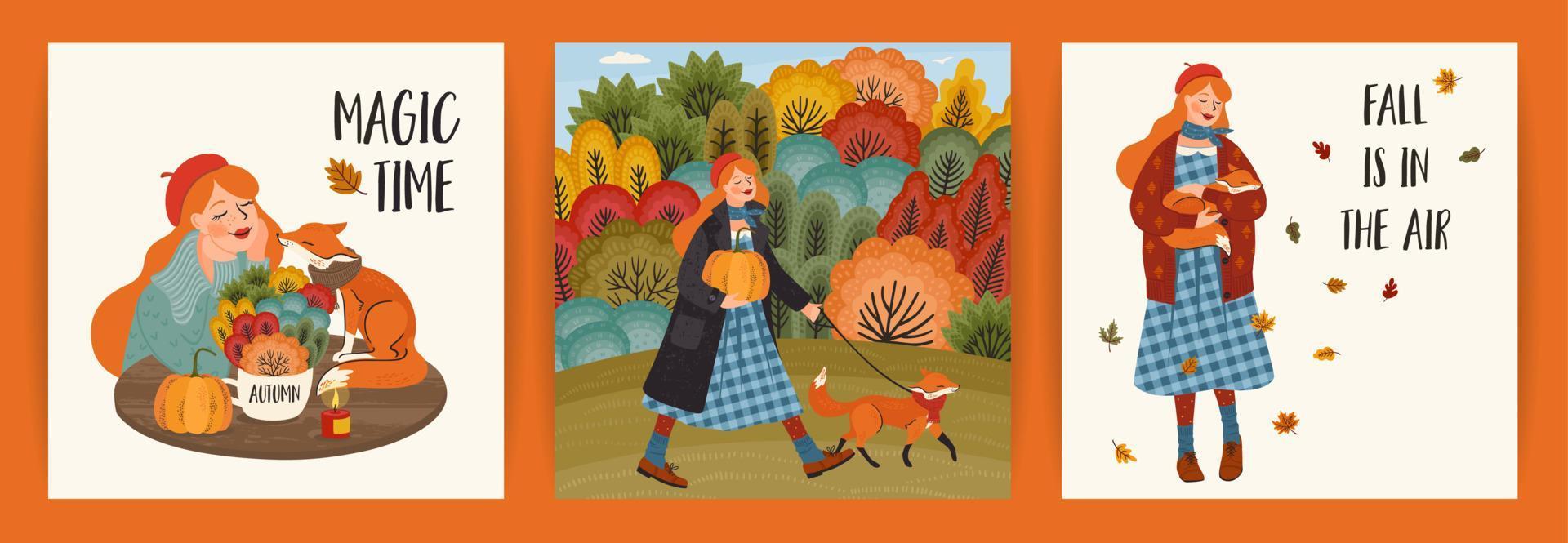 Reihe von Herbstillustrationen mit süßem Mädchen. Vektordesign für Karten, Poster, Flyer, Web und andere Zwecke. vektor