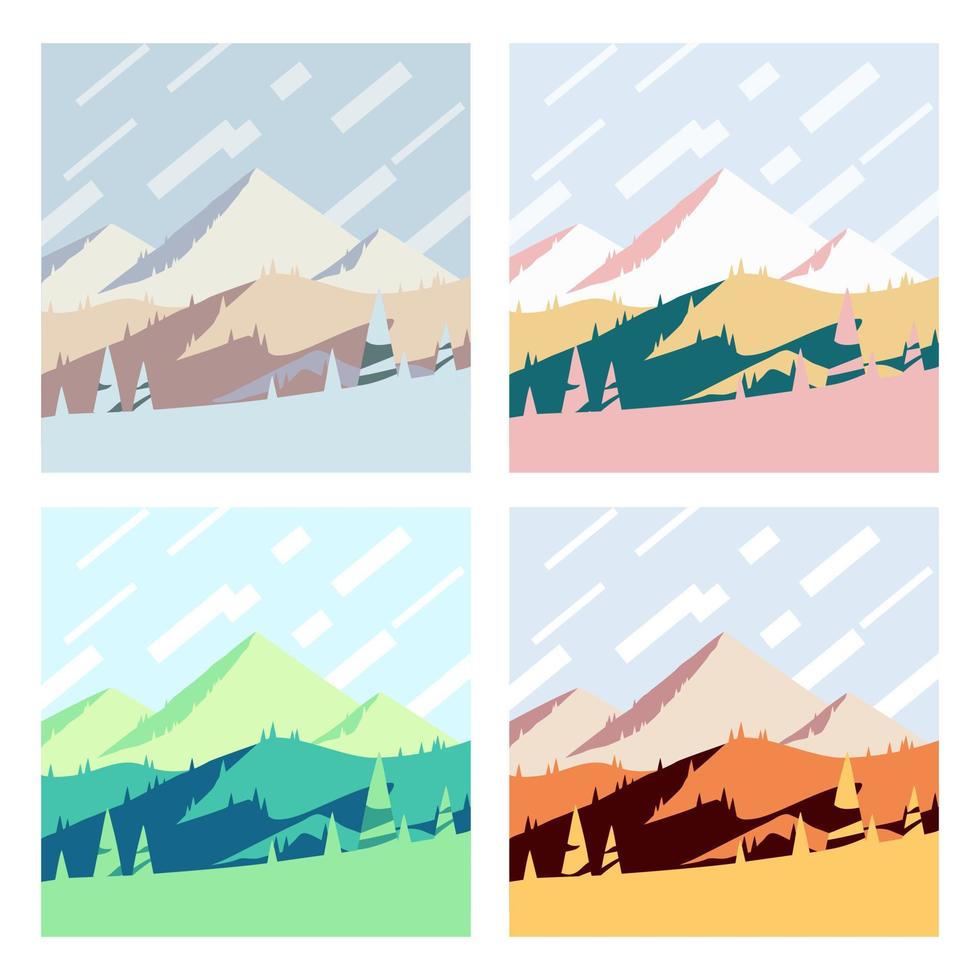 färgglada årstider på bergen, fyrkantiga affischer vektor illustration set. vinter, vår, sommar och höst utomhuskollektion, kullar och bergstoppar vid olika tider på året.