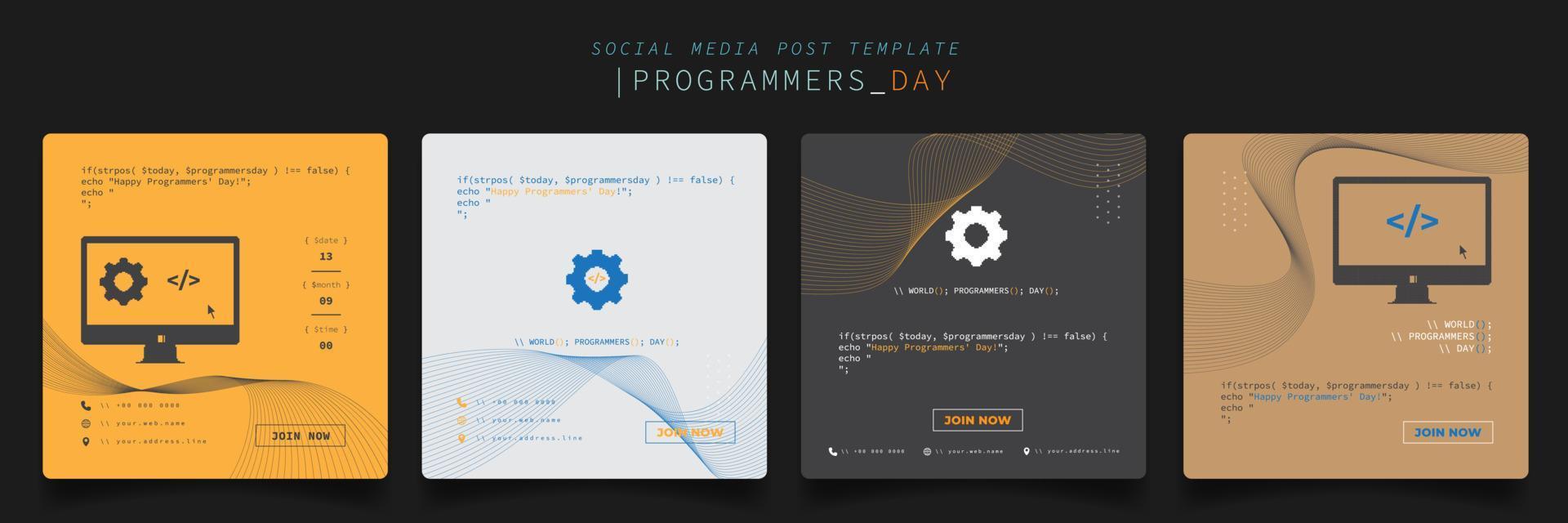 uppsättning av inläggsmall för sociala medier med redskap och datorskärm i pixeldesign för programmerares dag vektor