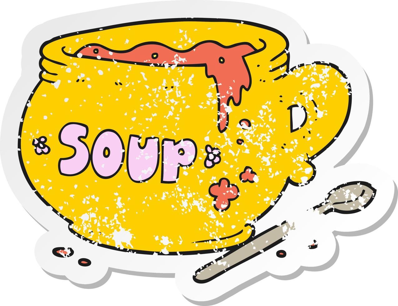 Retro beunruhigter Aufkleber einer Cartoonschüssel Suppe vektor