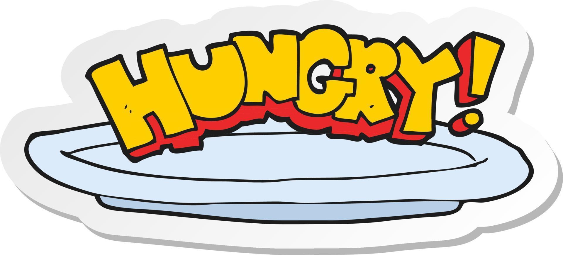Aufkleber eines leeren Cartoon-Tellers mit hungrigem Symbol vektor