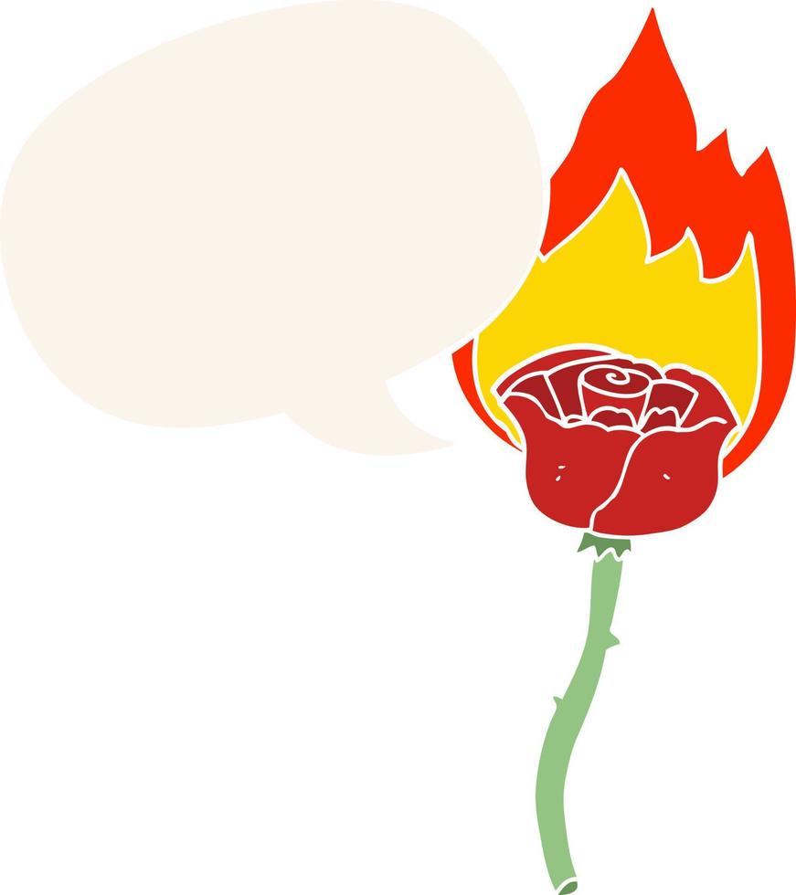 Cartoon flammende Rose und Sprechblase im Retro-Stil vektor