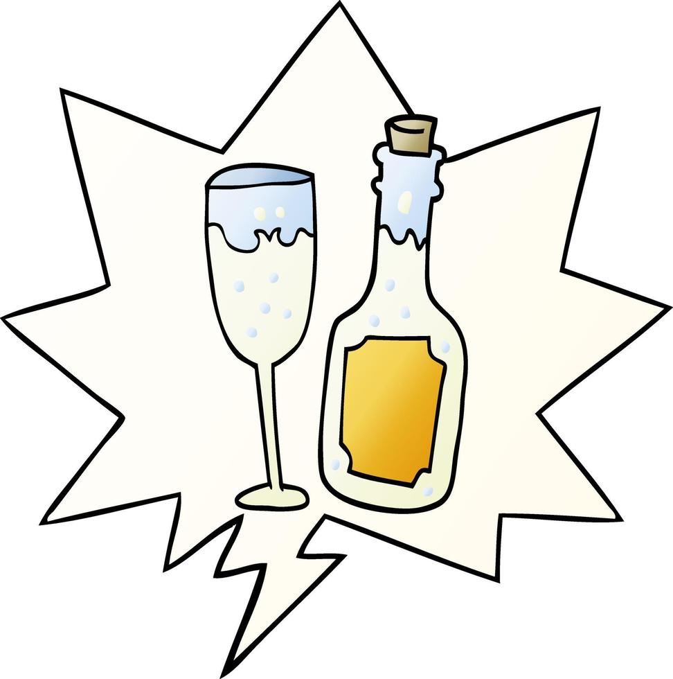 Cartoon-Champagnerflasche und Glas und Sprechblase in glattem Farbverlauf vektor