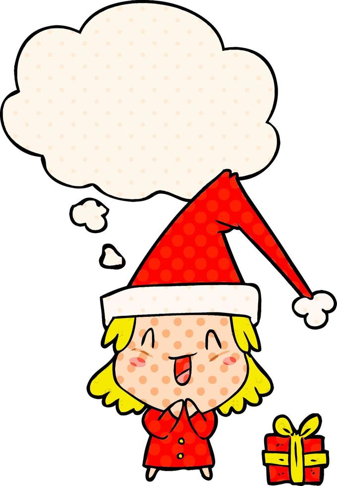 tecknad flicka som bär julhatt och tankebubbla i serietidningsstil vektor