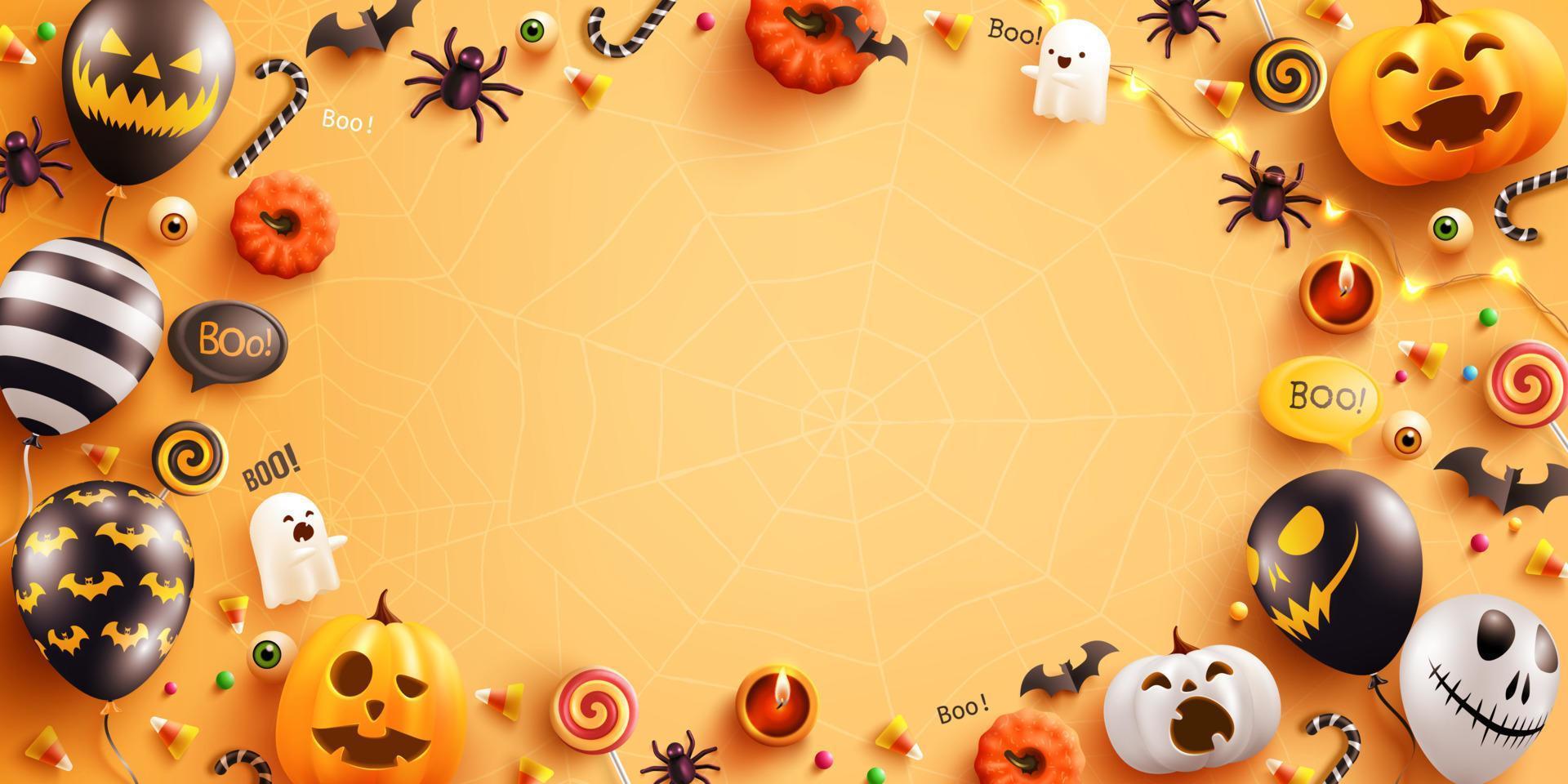 bakgrund för halloween med halloween spökballonger och pumpa. läskiga luftballonger, fladdermus, godis och halloween-element på gul bakgrund. webbplats spöklik, bakgrund eller banner halloween mall vektor