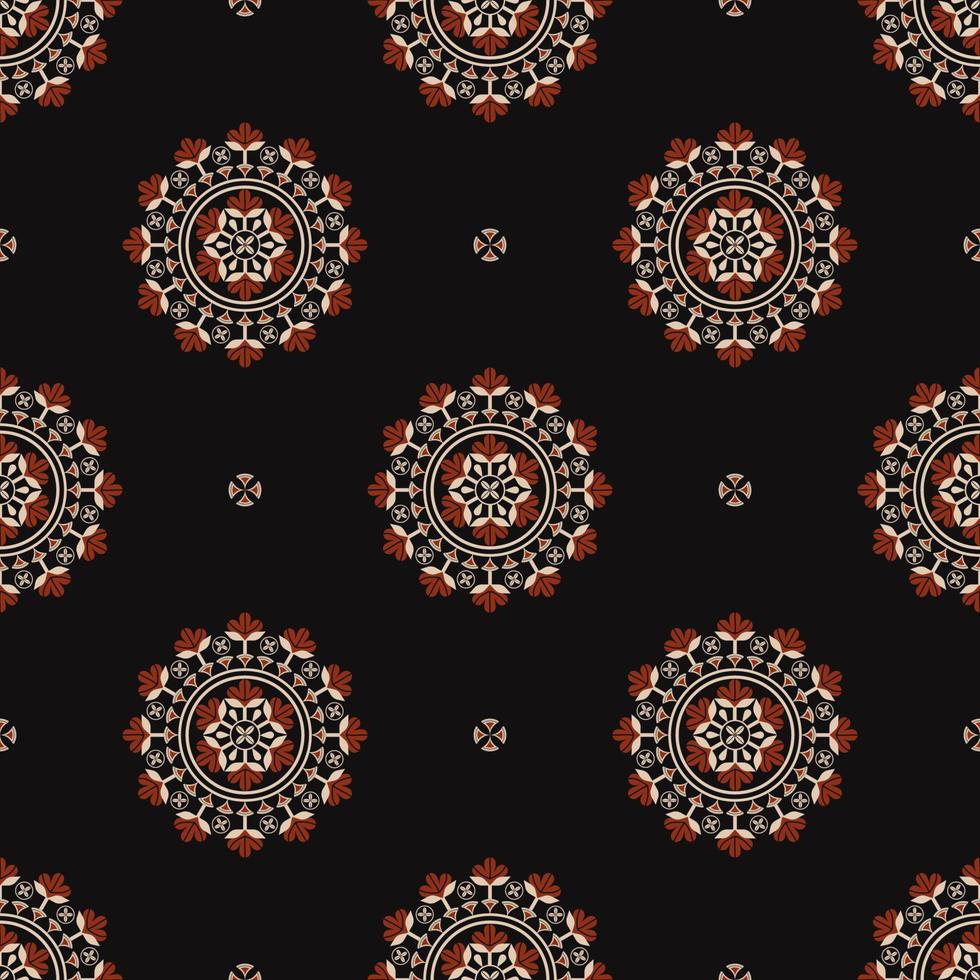 etniska tribal röd-guld färg blomma cirkel form sömlösa mönster på svart bakgrund. använd för tyg, textil, inredningselement, klädsel, omslag. vektor