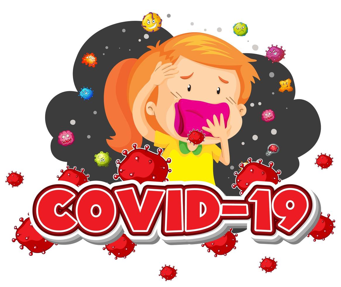 Covid 19 Zeichen Vorlage Mädchen und viele Viren vektor